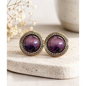 Vintage 1980s Gold Tone Clip On Earrings Pink Purple Cabochon Rope Trim 1"